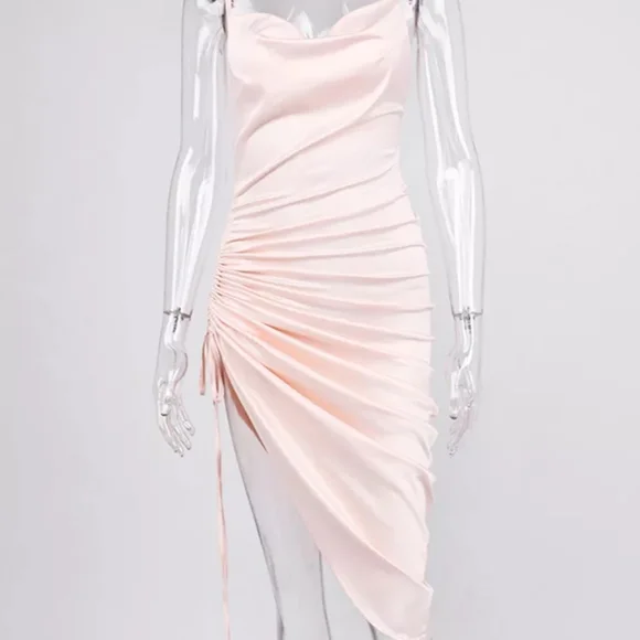 Draped Neck Spaghetti Strap Asymmetrical Satin Slip Dress - Picture 5 of 10